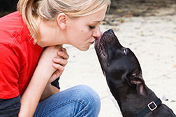 Photo of a dog kissing a volunteer.